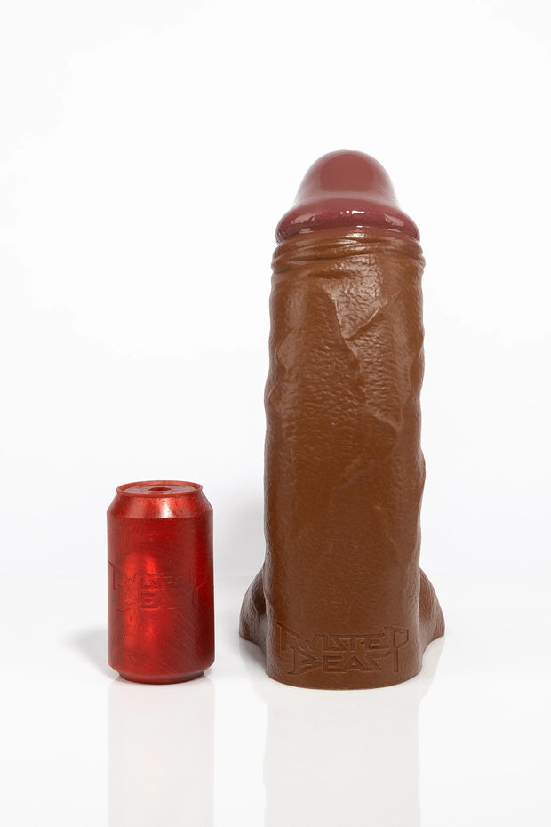 A product photo of a realistic brown large dildo.