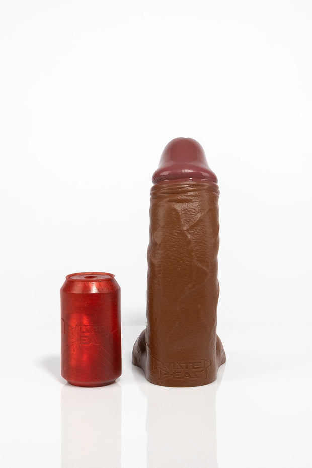 A product photo of a medium realistic brown dildo.