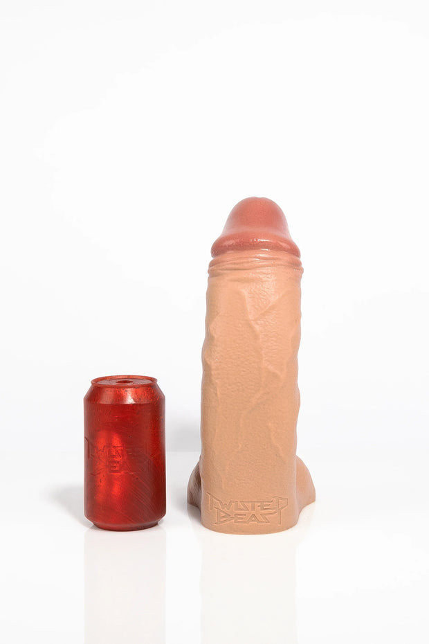 A product photo of a medium sized realistic curved dildo.