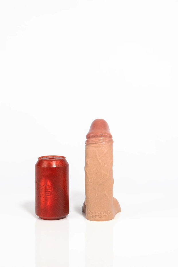 A product photo of a small realistic curved dildo.