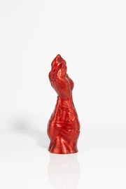 A product photo of a red dragon claw dildo taken from the side.
