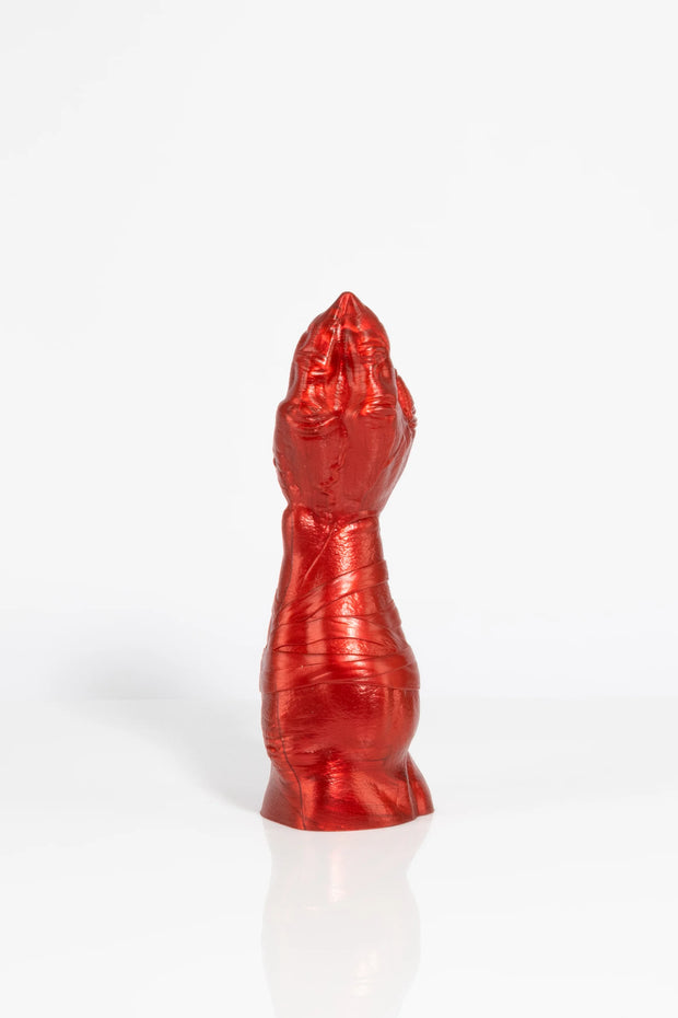 A product photo of a red dragon claw dildo taken from the back.