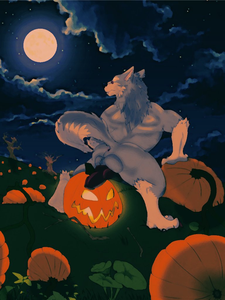 Fan art of Marchosias, the wolf demon, and his dog dildo in a pumpkin field. 