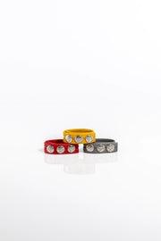 A product photo of three leather cock rings.