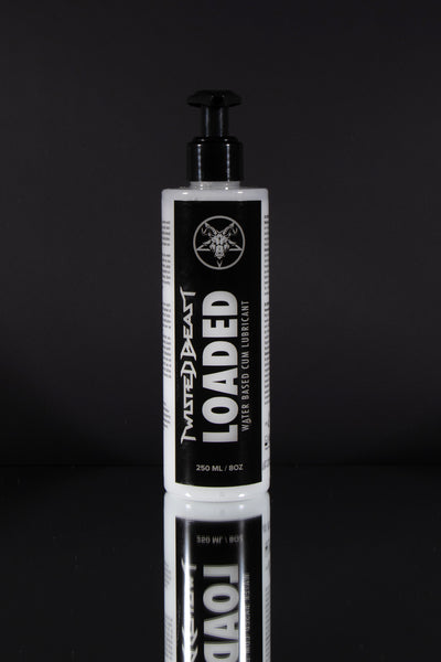 A product photo of a large bottle of Loaded cum lube.