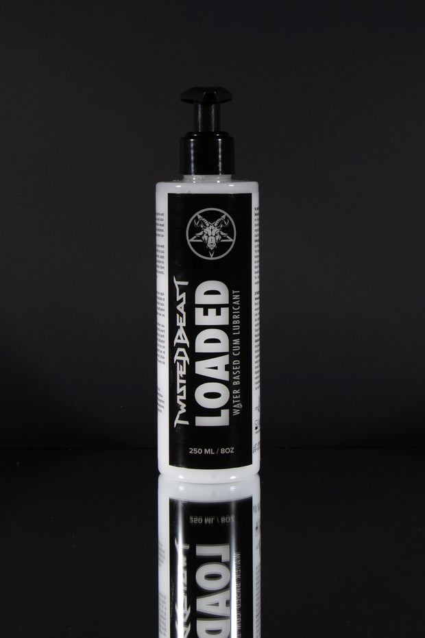 A product photo of a large bottle of Loaded cum lube.