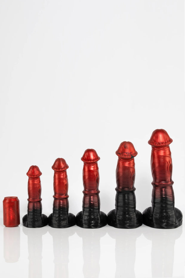 A size comparison photo of five Pegasus dildos. 