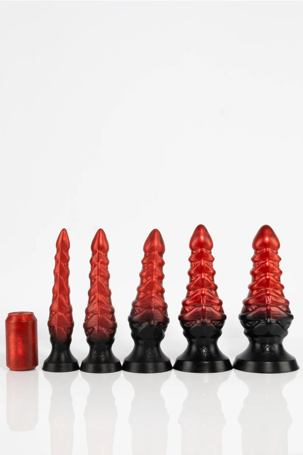 A photo of five Tentacle butt plugs next to each other as a size comparison. 