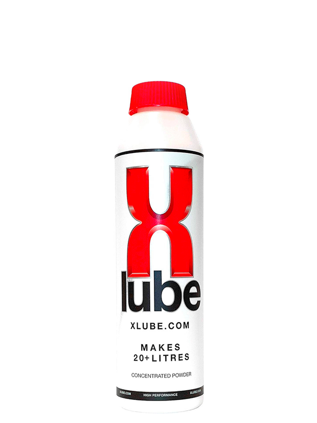 A bottle of Xlube against a white background.